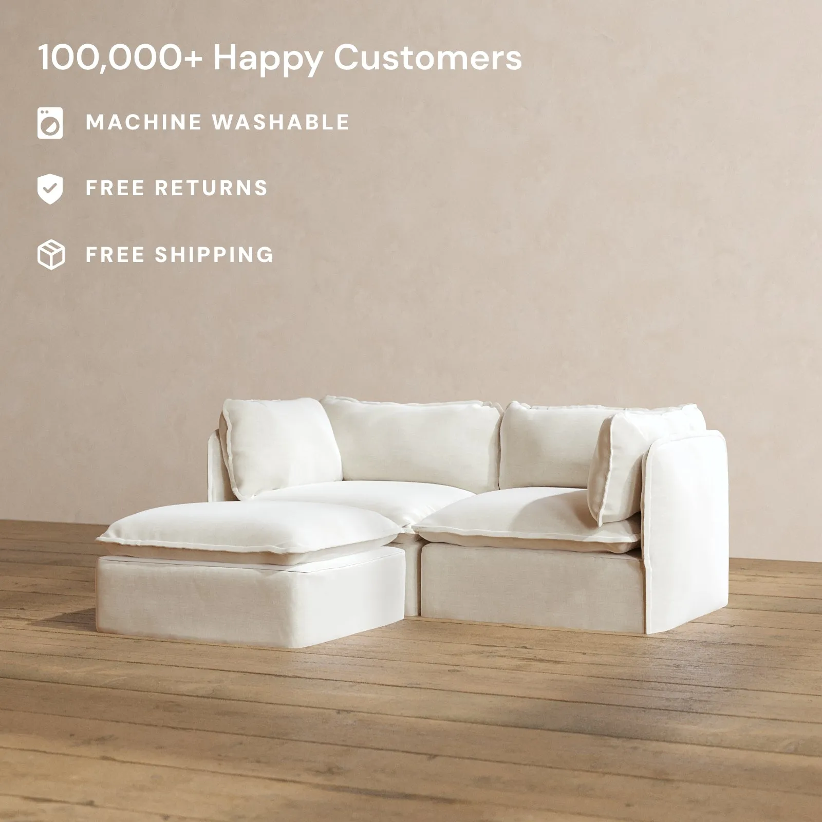 Modular Washable 2-Seater Sectional in Coco | Deluxe  Seat | Cloud Pillow