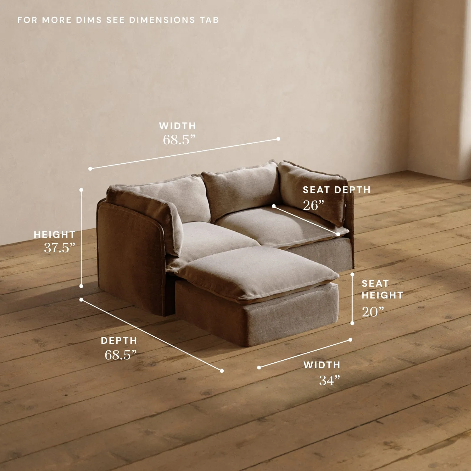 Modular Washable 2-Seater Sectional in Mist | Deluxe  Seat | Cloud Pillow