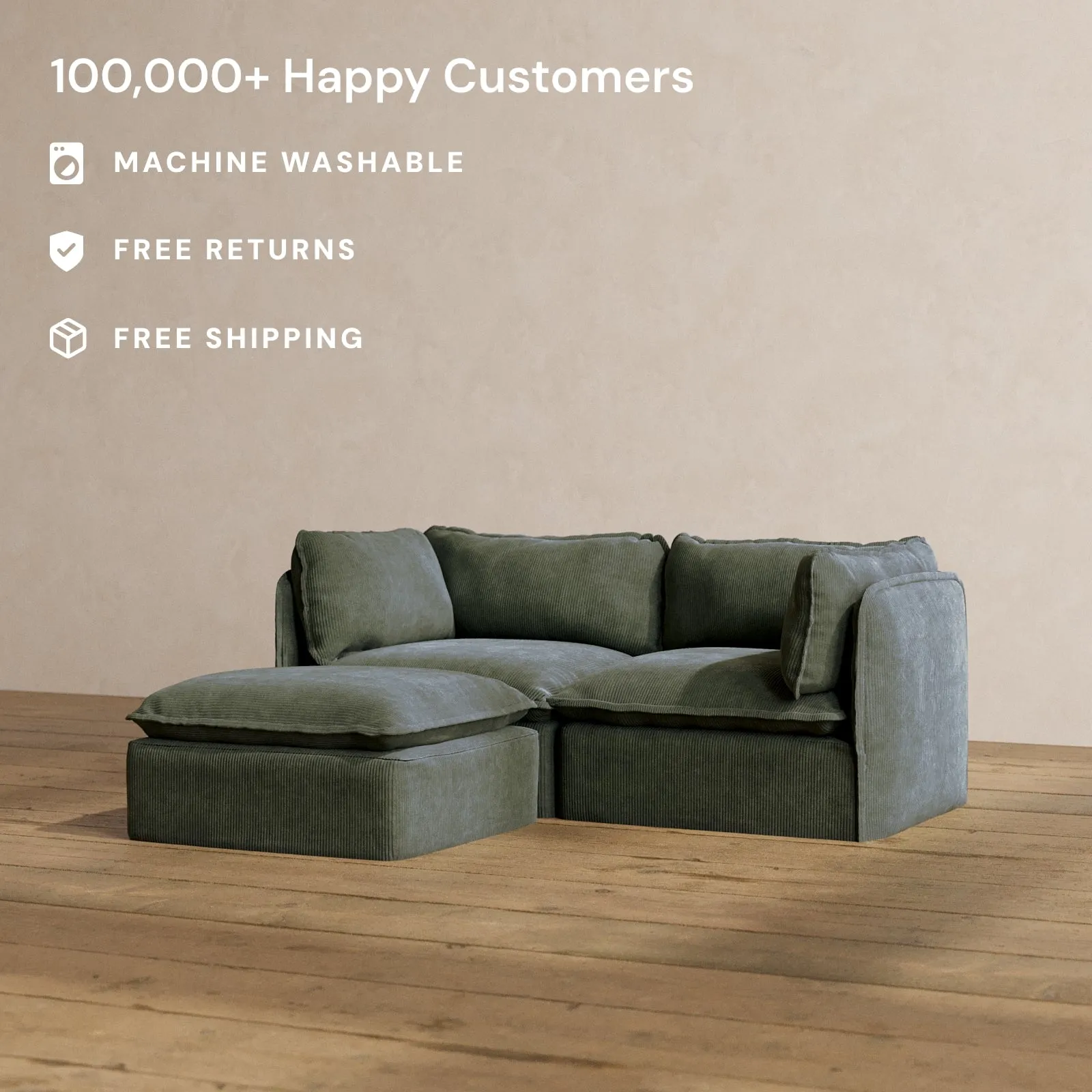 Modular Washable 2-Seater Sectional in Olivine | Memorix  Seat | Contour Pillow