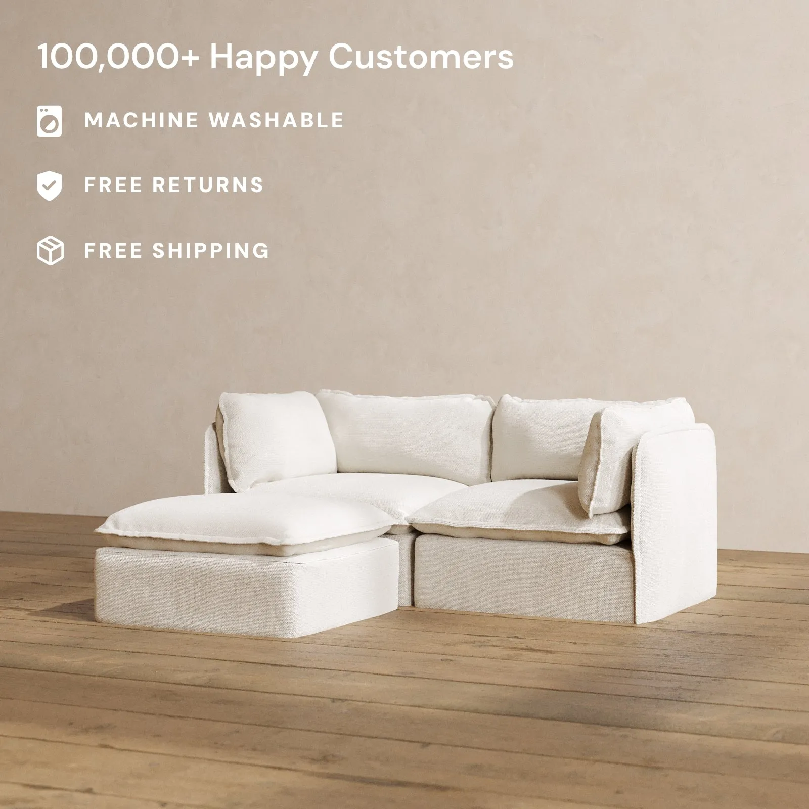 Modular Washable 2-Seater Sectional in Powder | Deluxe  Seat | Cloud Pillow