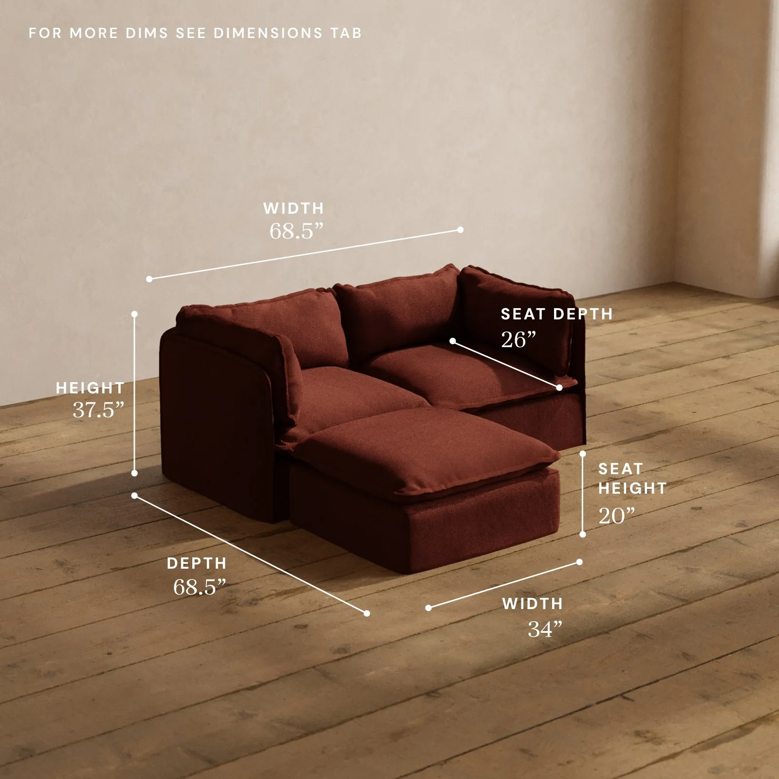 Modular Washable 2-Seater Sectional in Rust | Memorix  Seat | Contour Pillow
