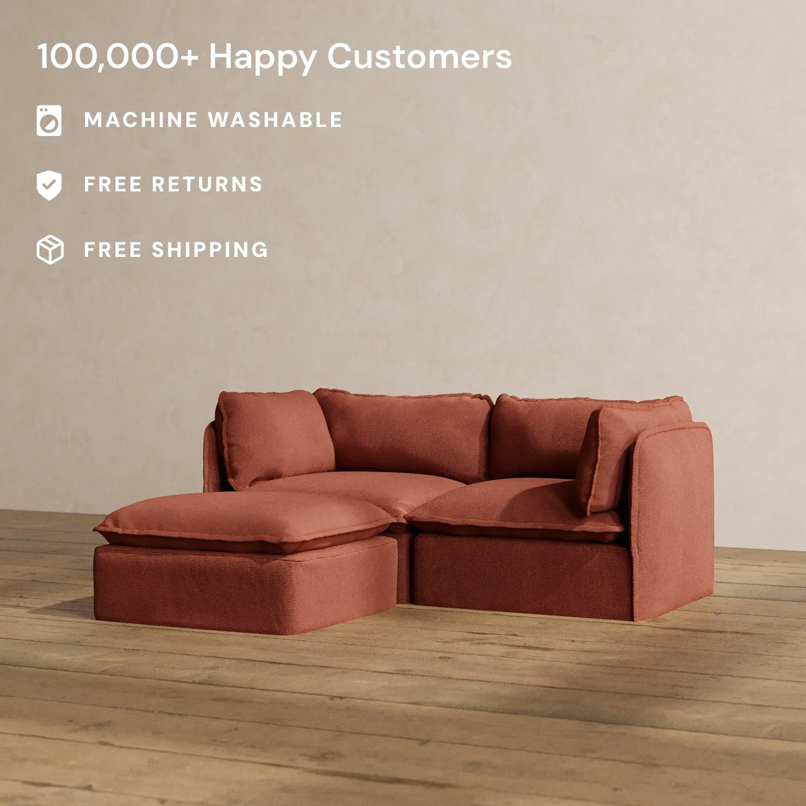 Modular Washable 2-Seater Sectional in Rust | Memorix  Seat | Contour Pillow