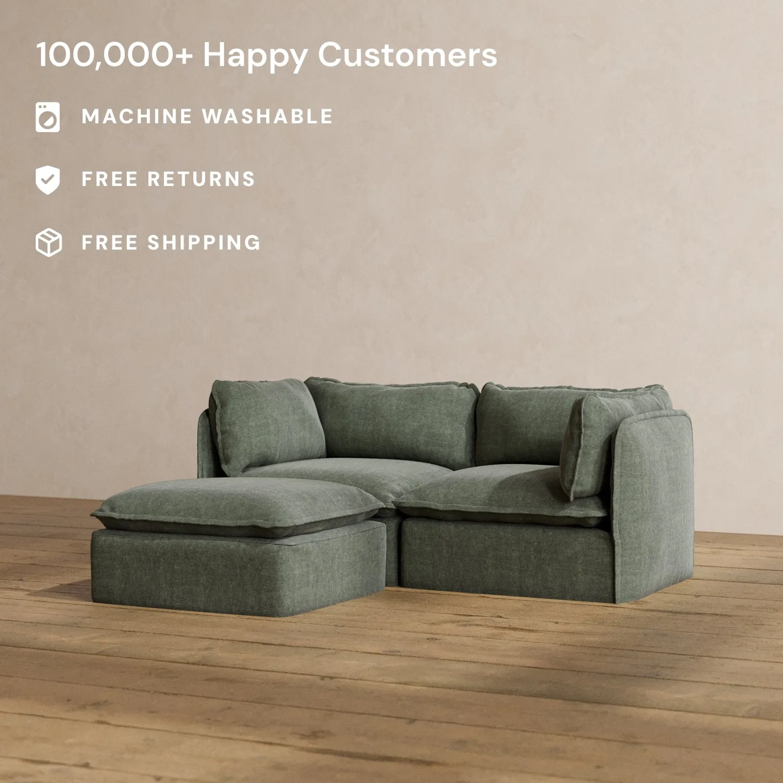 Modular Washable 2-Seater Sectional in Willow | Deluxe  Seat | Cloud Pillow