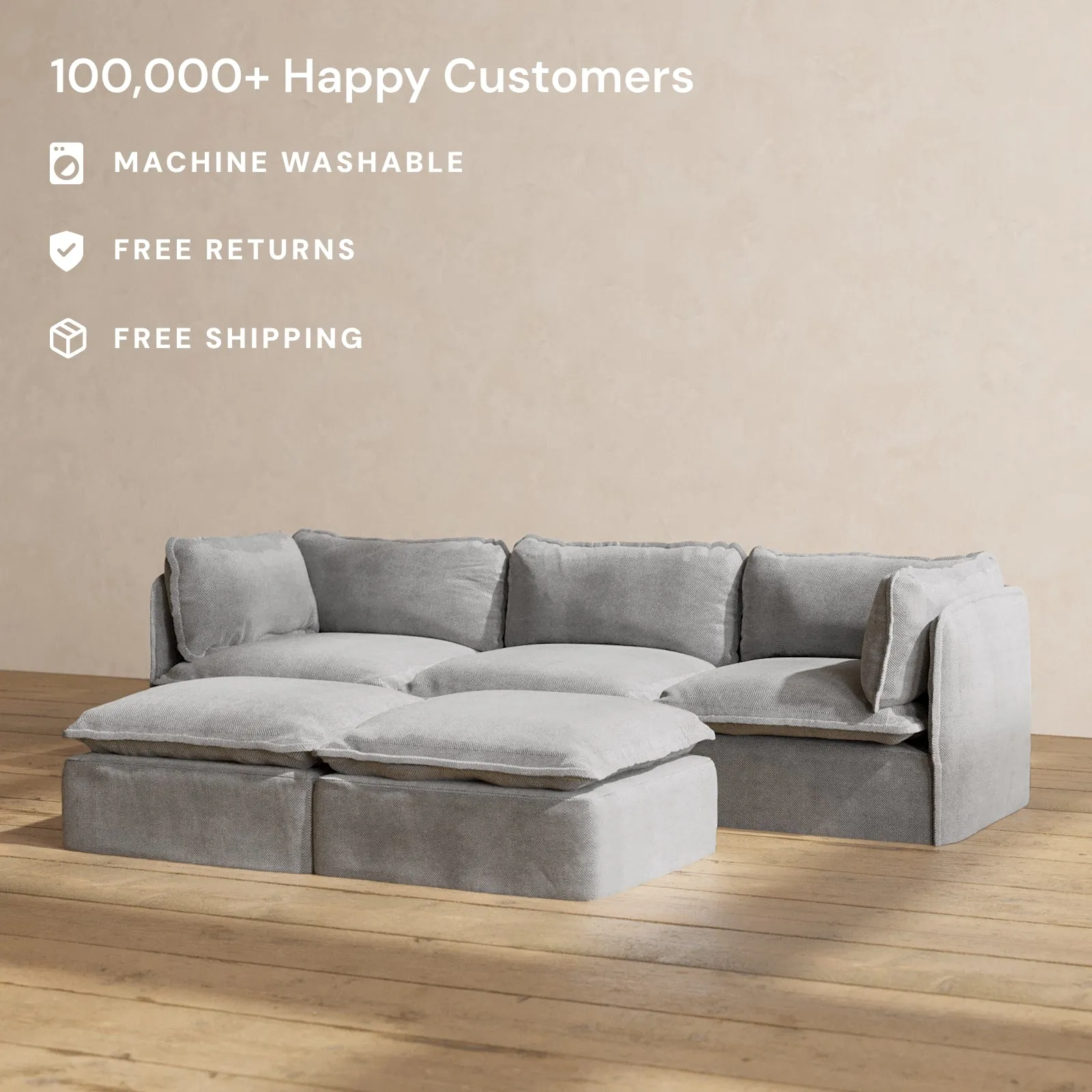 Modular Washable 3-Seater   Bench Ottoman in Ash | Memorix  Seat | Contour Pillow