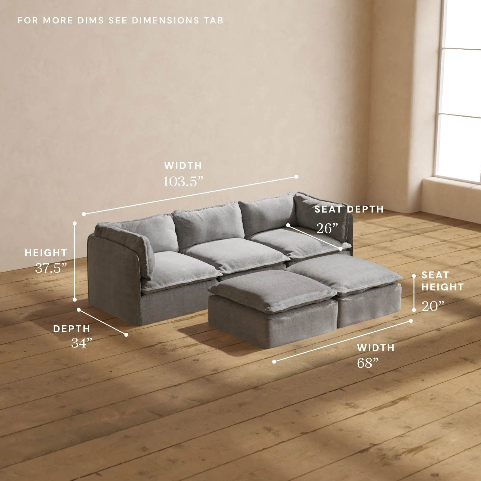 Modular Washable 3-Seater   Bench Ottoman in Ash | Memorix  Seat | Contour Pillow