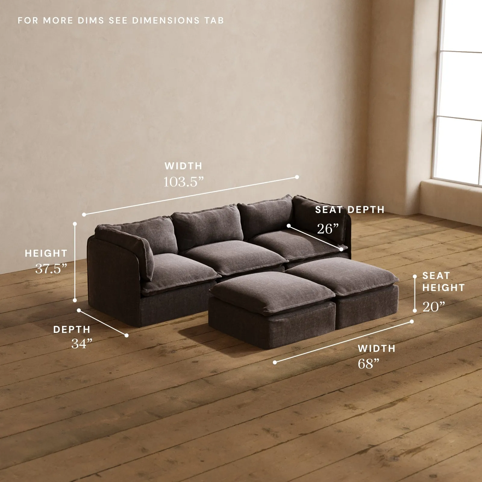 Modular Washable 3-Seater   Bench Ottoman in Caviar | Memorix  Seat | Contour Pillow
