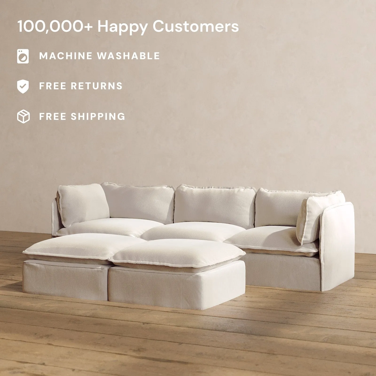 Modular Washable 3-Seater   Bench Ottoman in Milk | Memorix  Seat | Contour Pillow