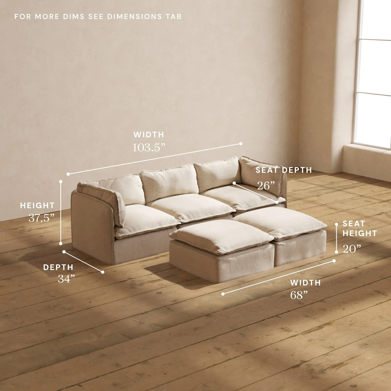 Modular Washable 3-Seater   Bench Ottoman in Oat | Memorix  Seat | Contour Pillow