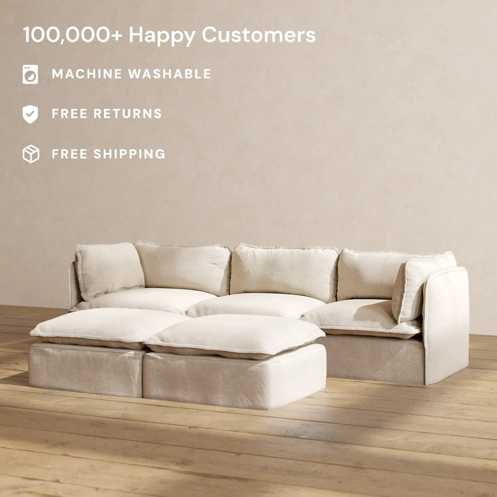 Modular Washable 3-Seater   Bench Ottoman in Oat | Memorix  Seat | Contour Pillow