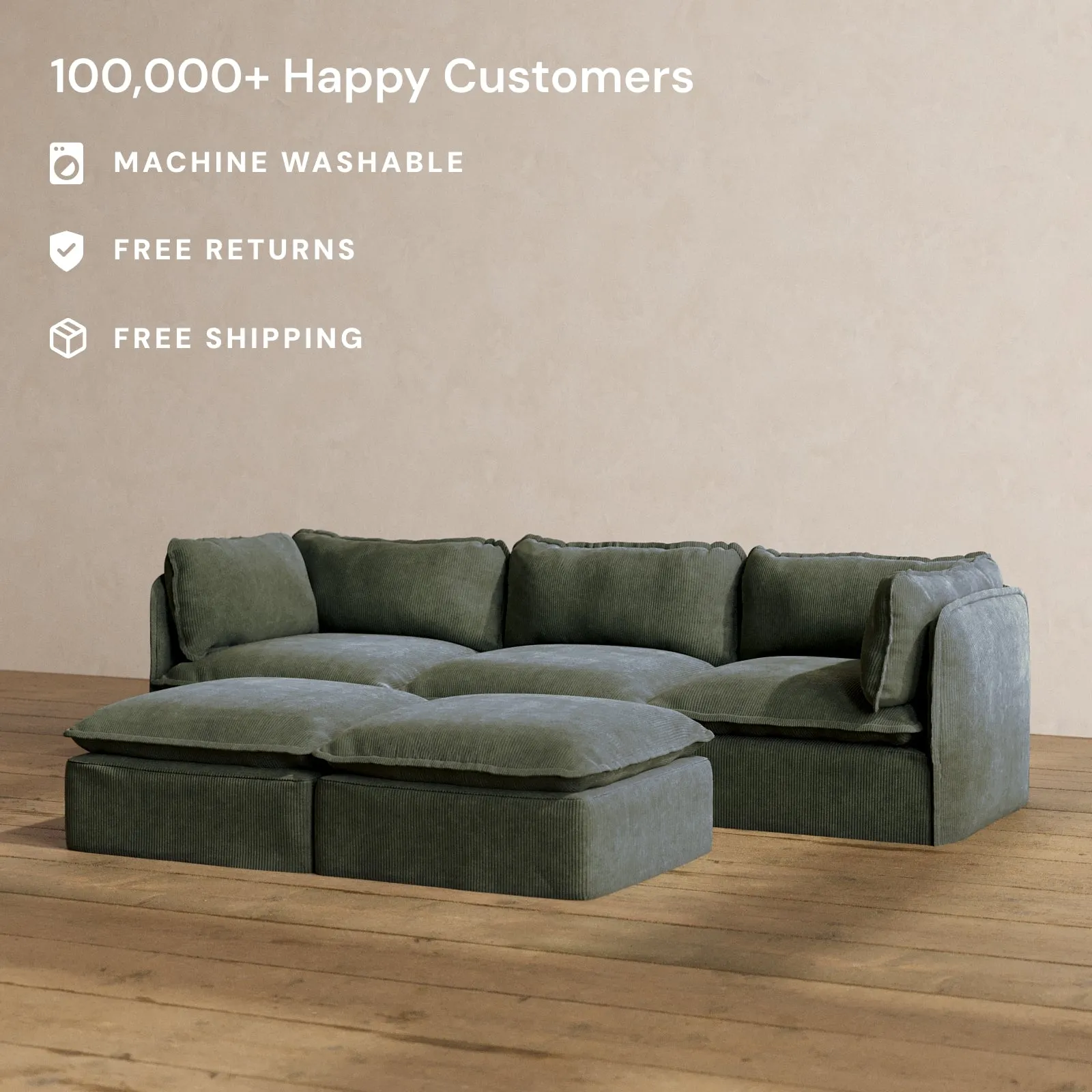 Modular Washable 3-Seater   Bench Ottoman in Olivine | Memorix  Seat | Contour Pillow