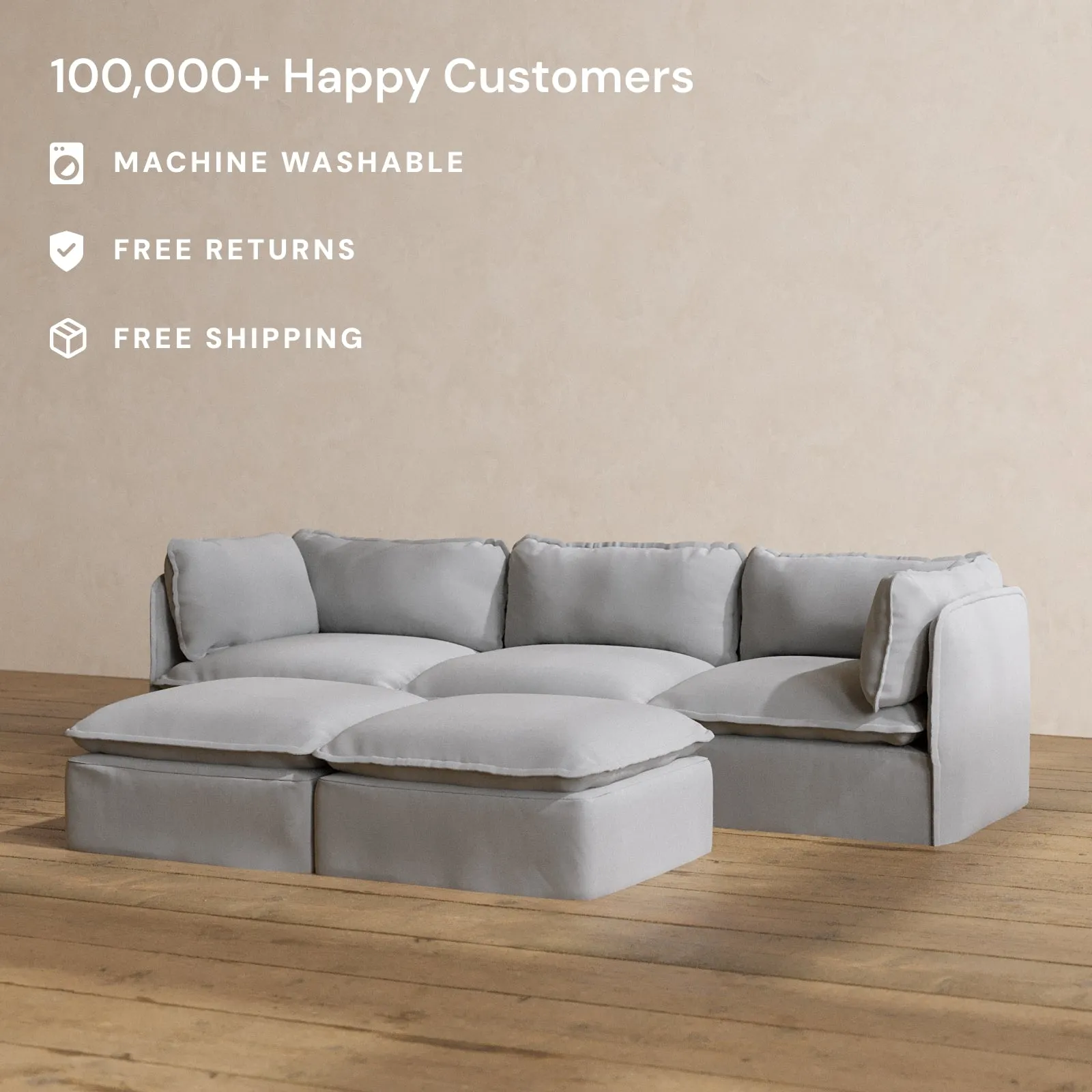 Modular Washable 3-Seater   Bench Ottoman in Pumice | Memorix  Seat | Contour Pillow