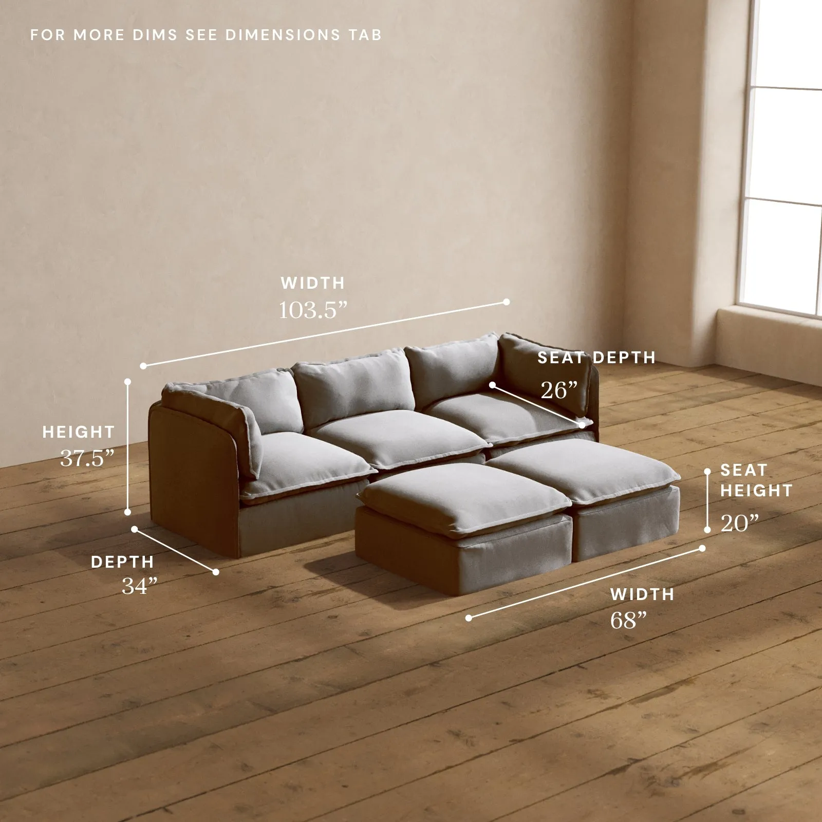 Modular Washable 3-Seater   Bench Ottoman in Pumice | Memorix  Seat | Contour Pillow
