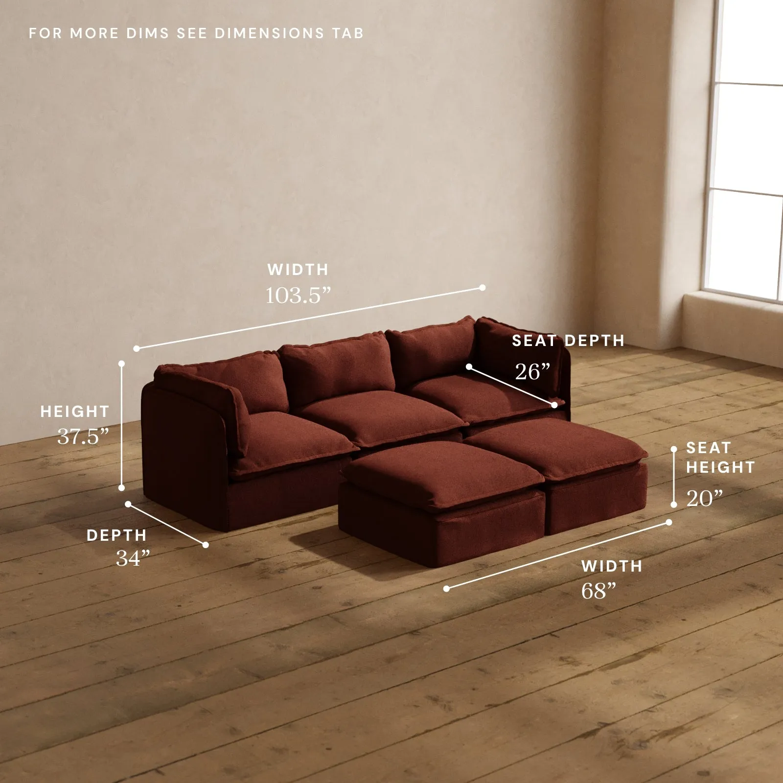 Modular Washable 3-Seater   Bench Ottoman in Rust | Memorix  Seat | Contour Pillow