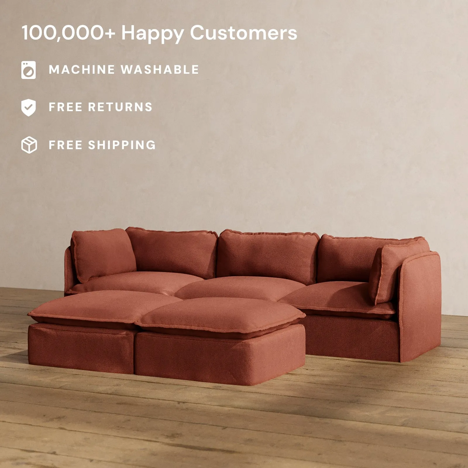 Modular Washable 3-Seater   Bench Ottoman in Rust | Memorix  Seat | Contour Pillow