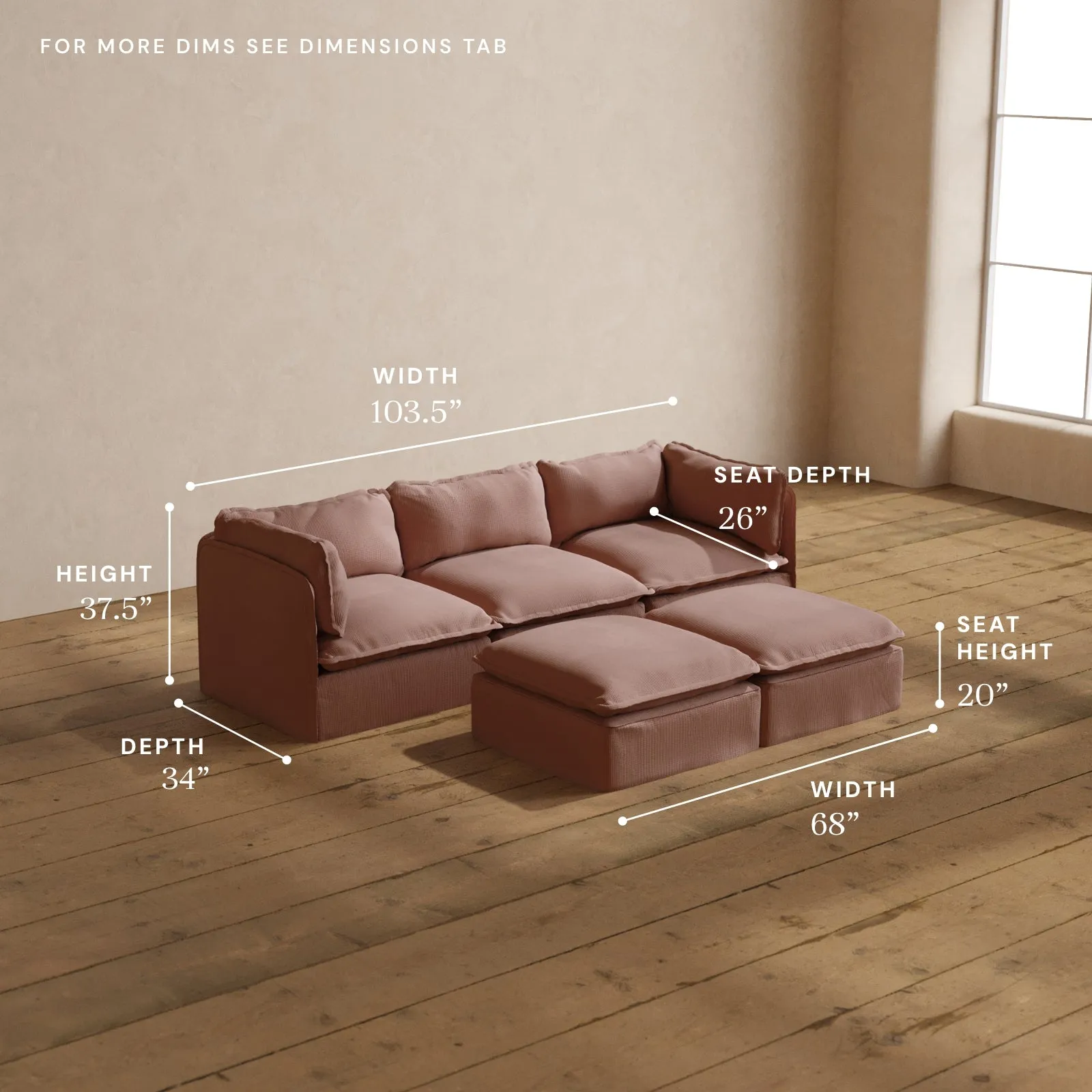 Modular Washable 3-Seater   Bench Ottoman in Sakura | Deluxe  Seat | Cloud Pillow