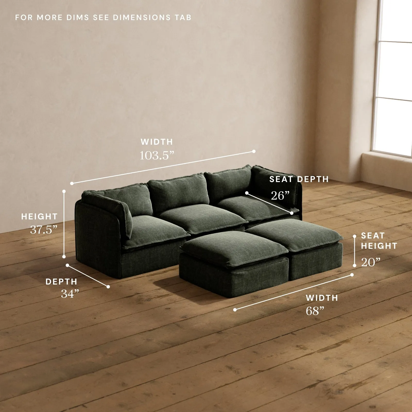 Modular Washable 3-Seater   Bench Ottoman in Willow | Deluxe  Seat | Cloud Pillow
