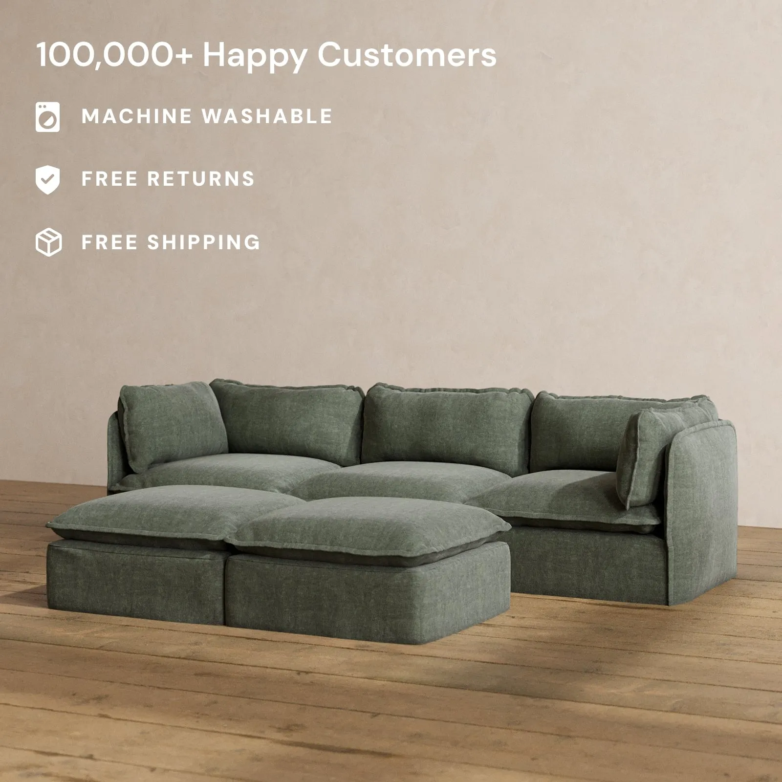 Modular Washable 3-Seater   Bench Ottoman in Willow | Deluxe  Seat | Cloud Pillow