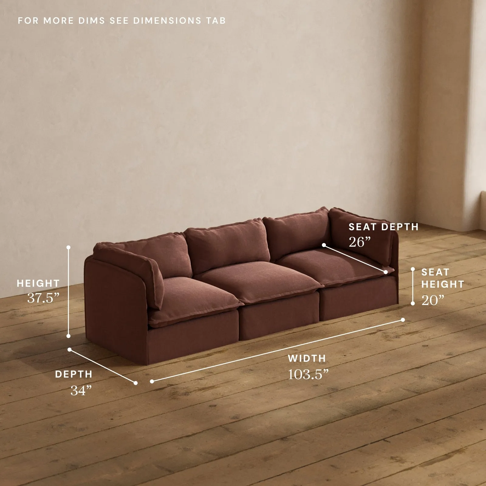 Modular Washable 3-Seater in Chestnut | Deluxe  Seat | Cloud Pillow