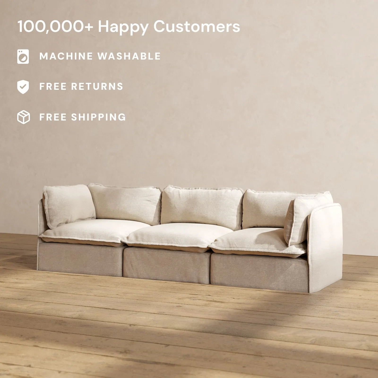 Modular Washable 3-Seater in Oat | Deluxe  Seat | Cloud Pillow