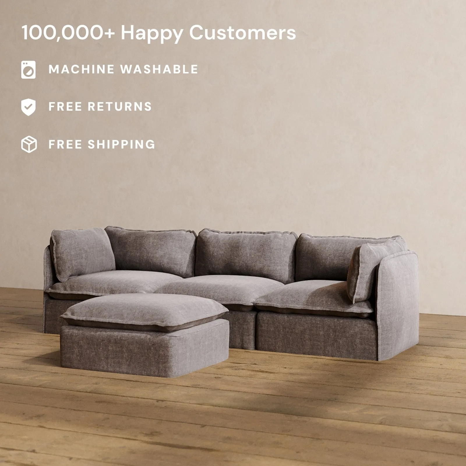 Modular Washable 3-Seater   Ottoman in Caviar | Deluxe  Seat | Cloud Pillow
