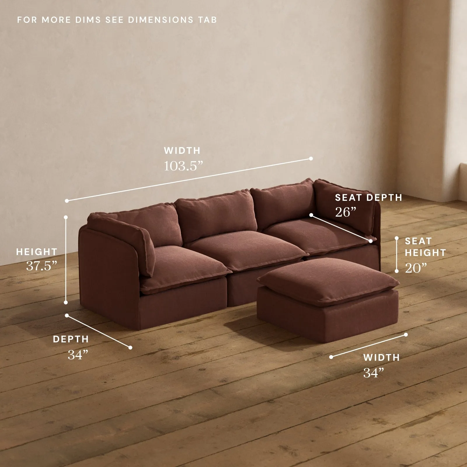 Modular Washable 3-Seater   Ottoman in Chestnut | Memorix  Seat | Contour Pillow