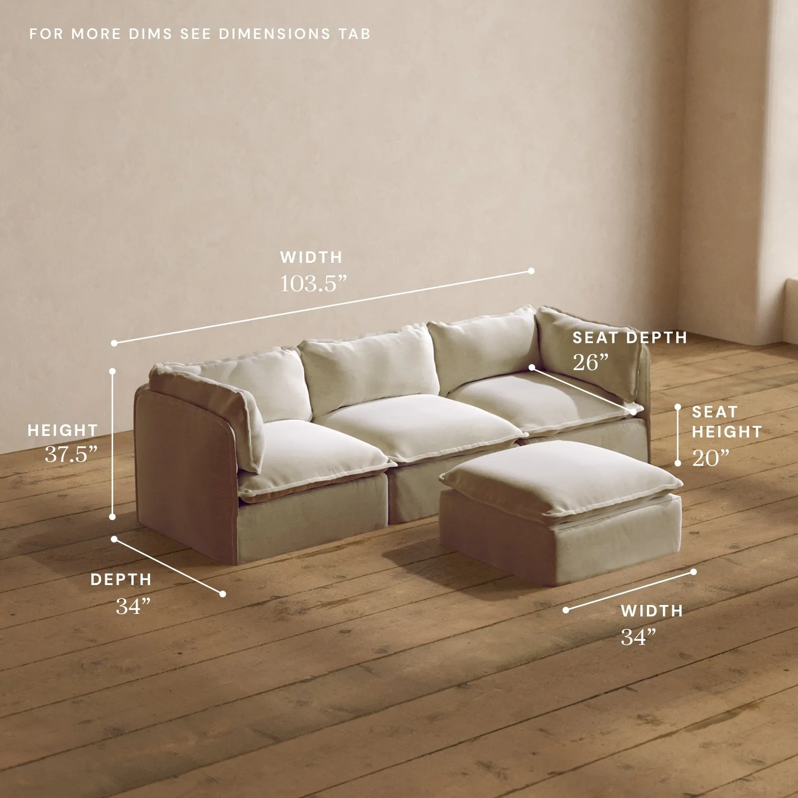 Modular Washable 3-Seater   Ottoman in Coco | Memorix  Seat | Contour Pillow