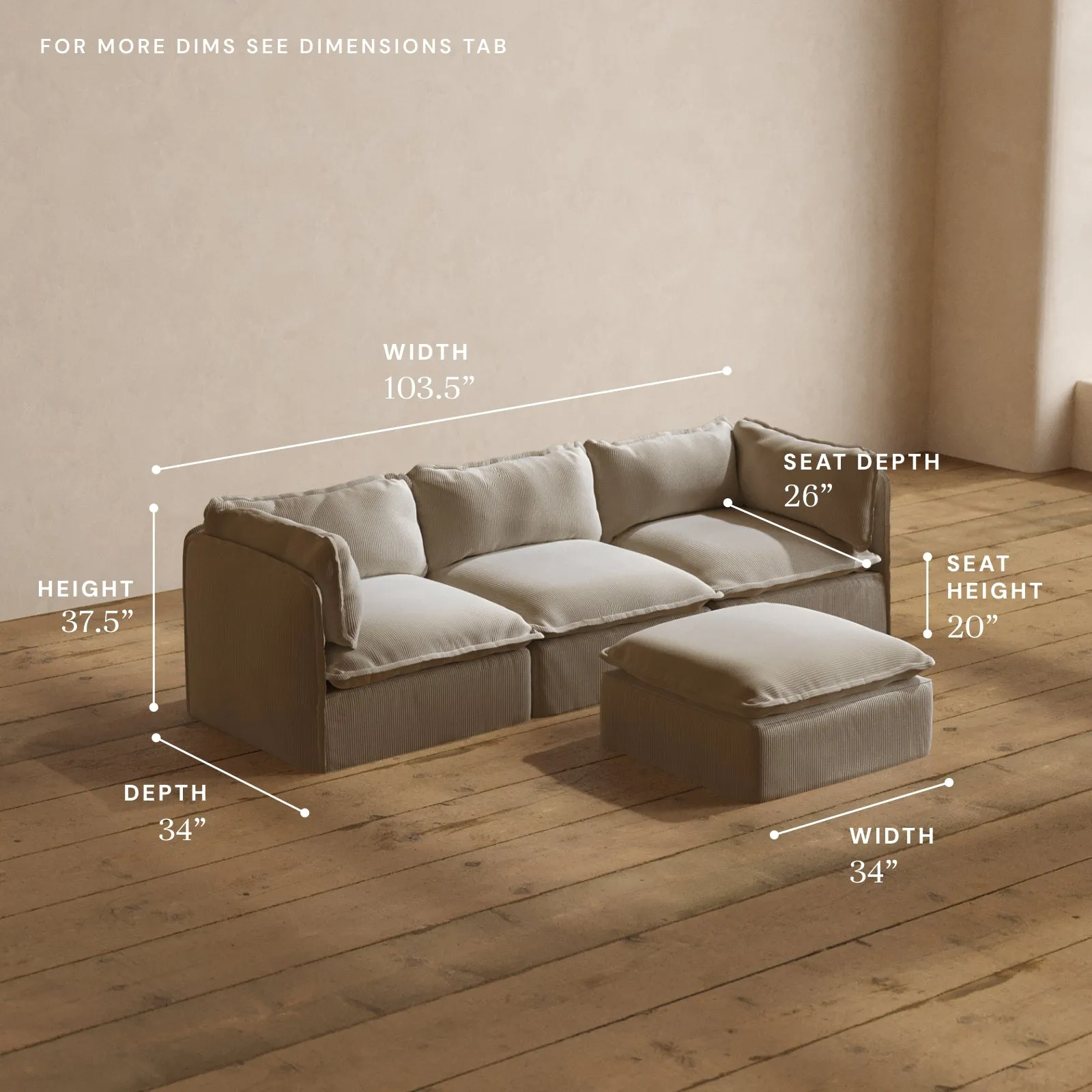 Modular Washable 3-Seater   Ottoman in Milk | Memorix  Seat | Contour Pillow