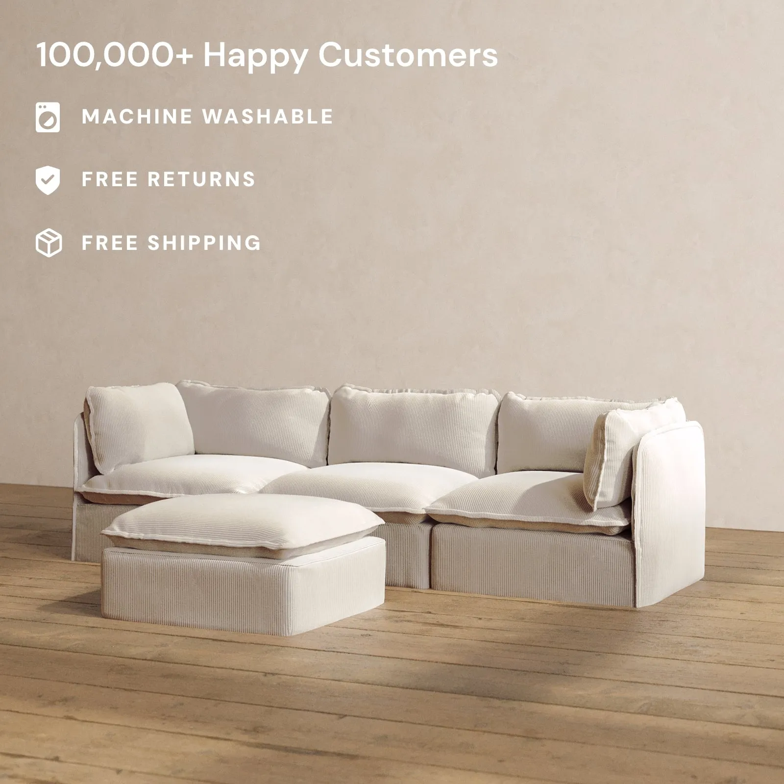 Modular Washable 3-Seater   Ottoman in Milk | Memorix  Seat | Contour Pillow