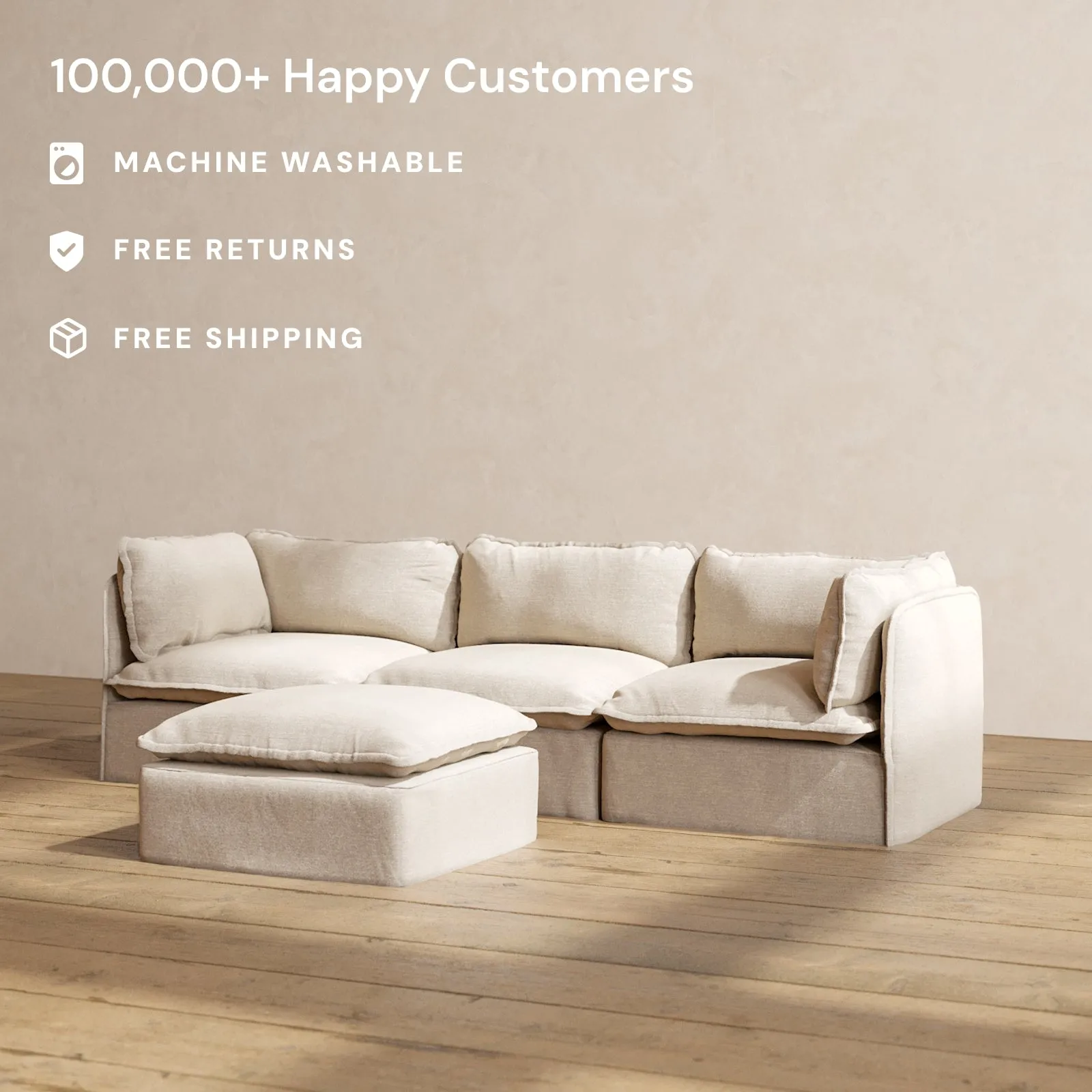 Modular Washable 3-Seater   Ottoman in Oat | Memorix  Seat | Contour Pillow