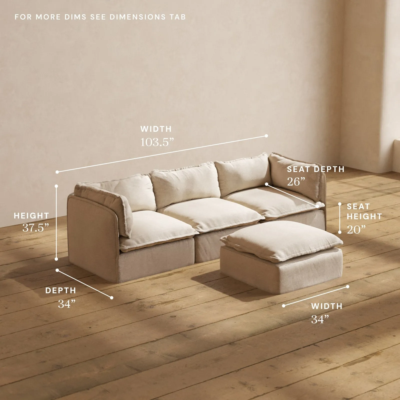 Modular Washable 3-Seater   Ottoman in Oat | Memorix  Seat | Contour Pillow