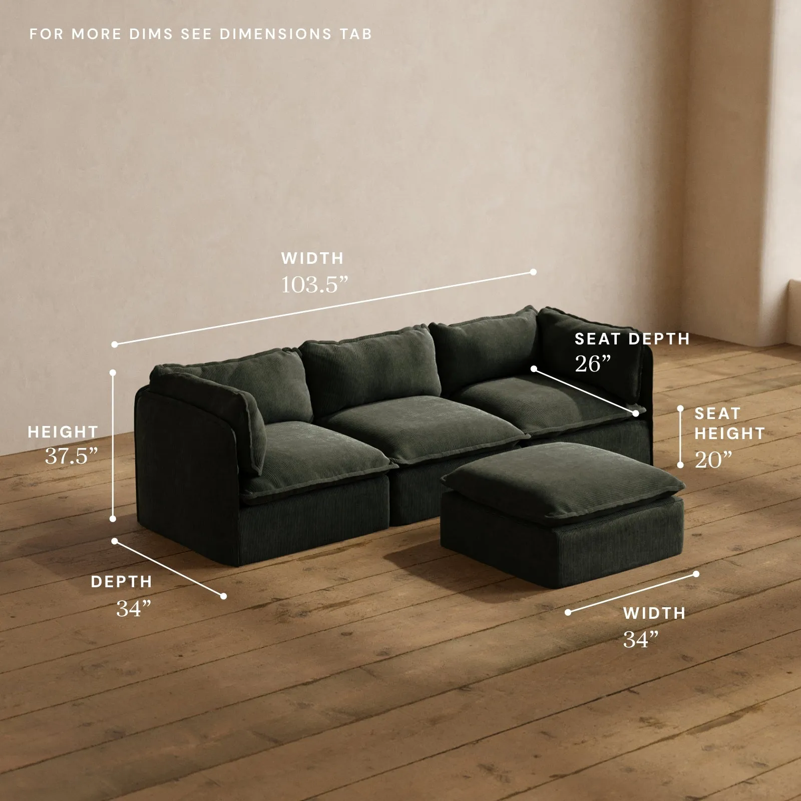 Modular Washable 3-Seater   Ottoman in Olivine | Memorix  Seat | Contour Pillow