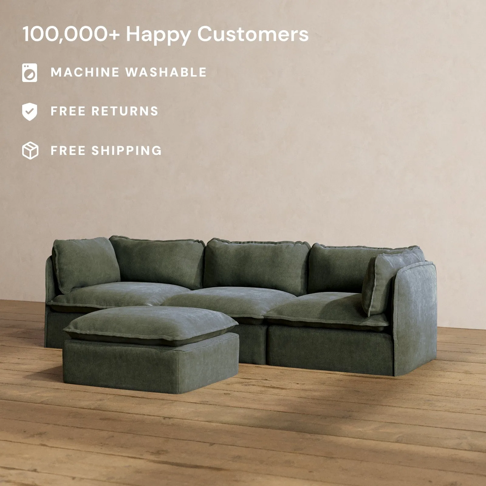 Modular Washable 3-Seater   Ottoman in Olivine | Memorix  Seat | Contour Pillow