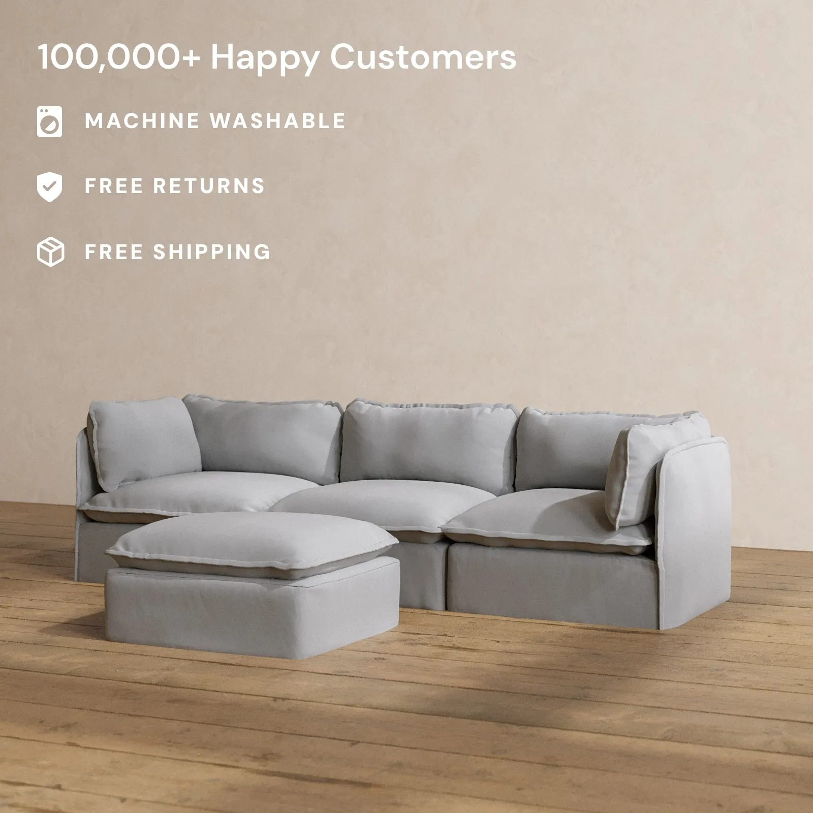 Modular Washable 3-Seater   Ottoman in Pumice | Memorix  Seat | Contour Pillow