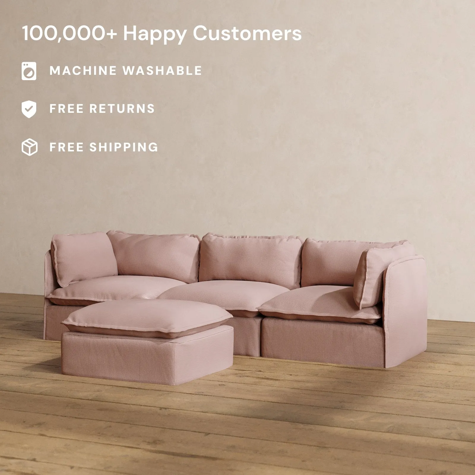 Modular Washable 3-Seater   Ottoman in Sakura | Deluxe  Seat | Cloud Pillow