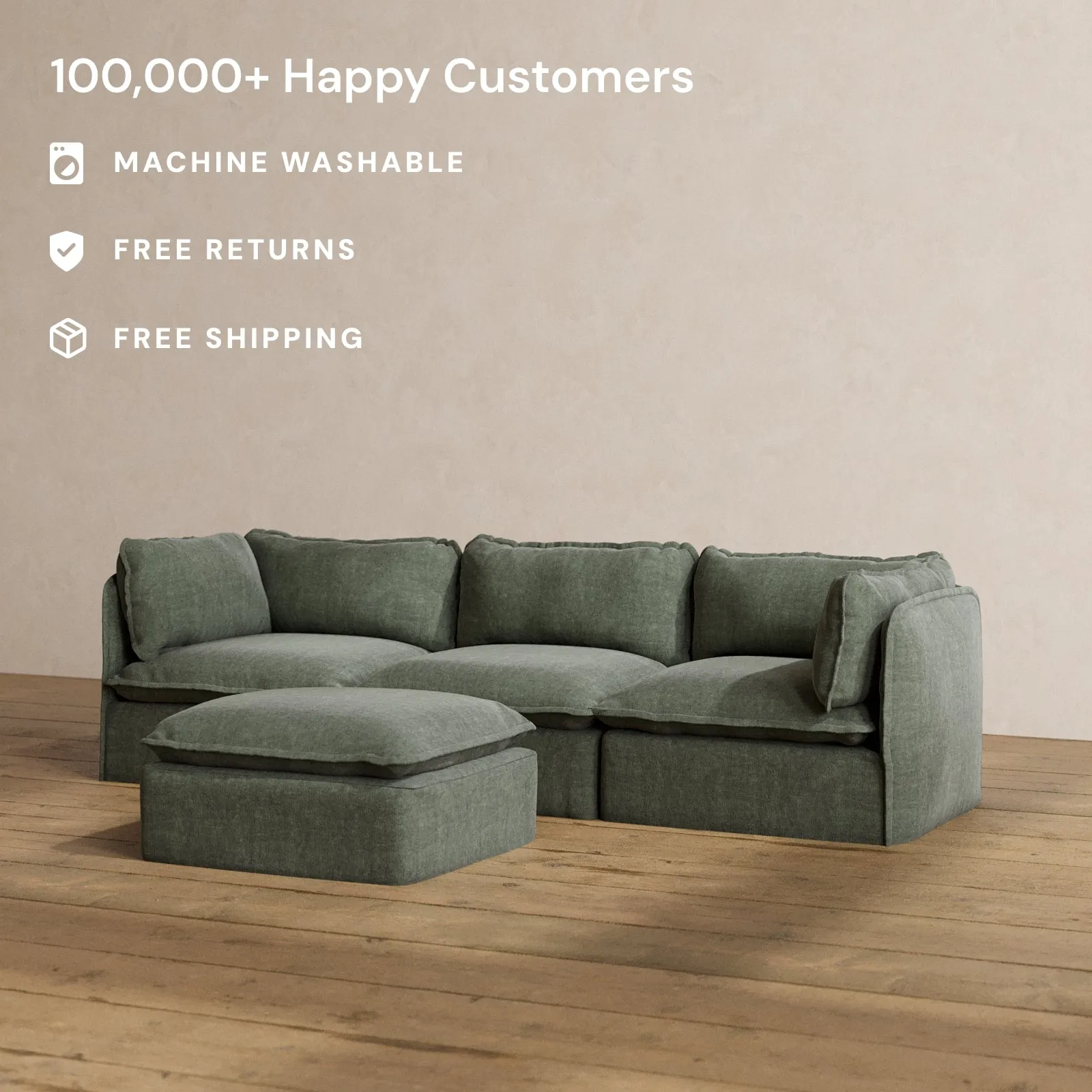 Modular Washable 3-Seater   Ottoman in Willow | Memorix  Seat | Contour Pillow