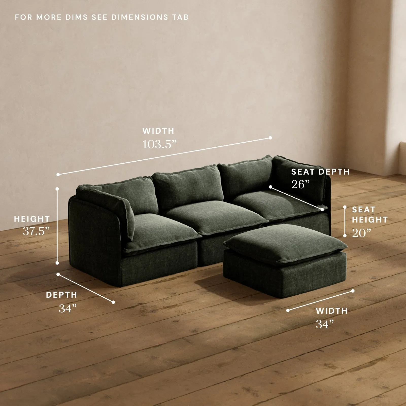 Modular Washable 3-Seater   Ottoman in Willow | Memorix  Seat | Contour Pillow
