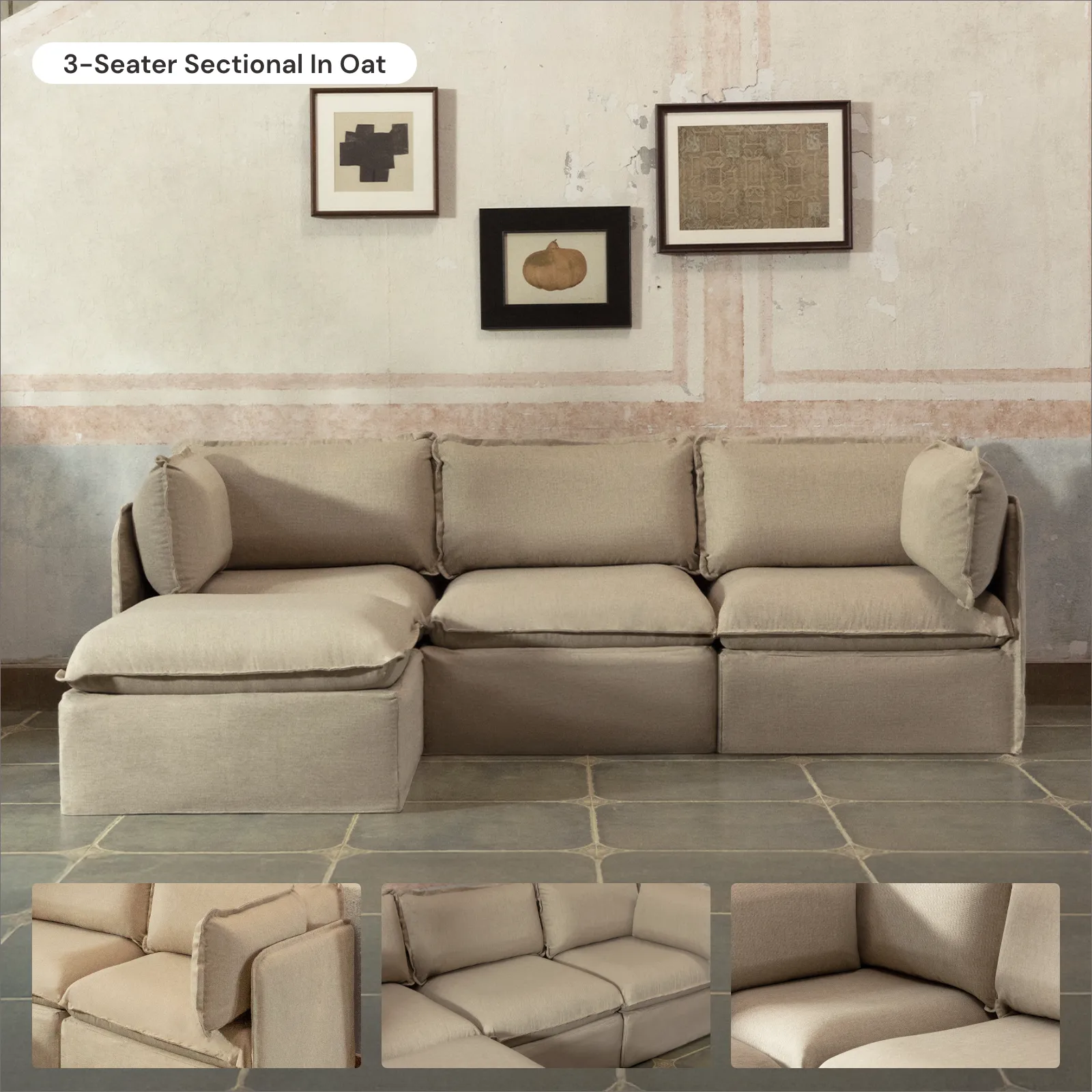 Modular Washable 3-Seater Sectional in Oat | Memorix  Seat | Contour Pillow