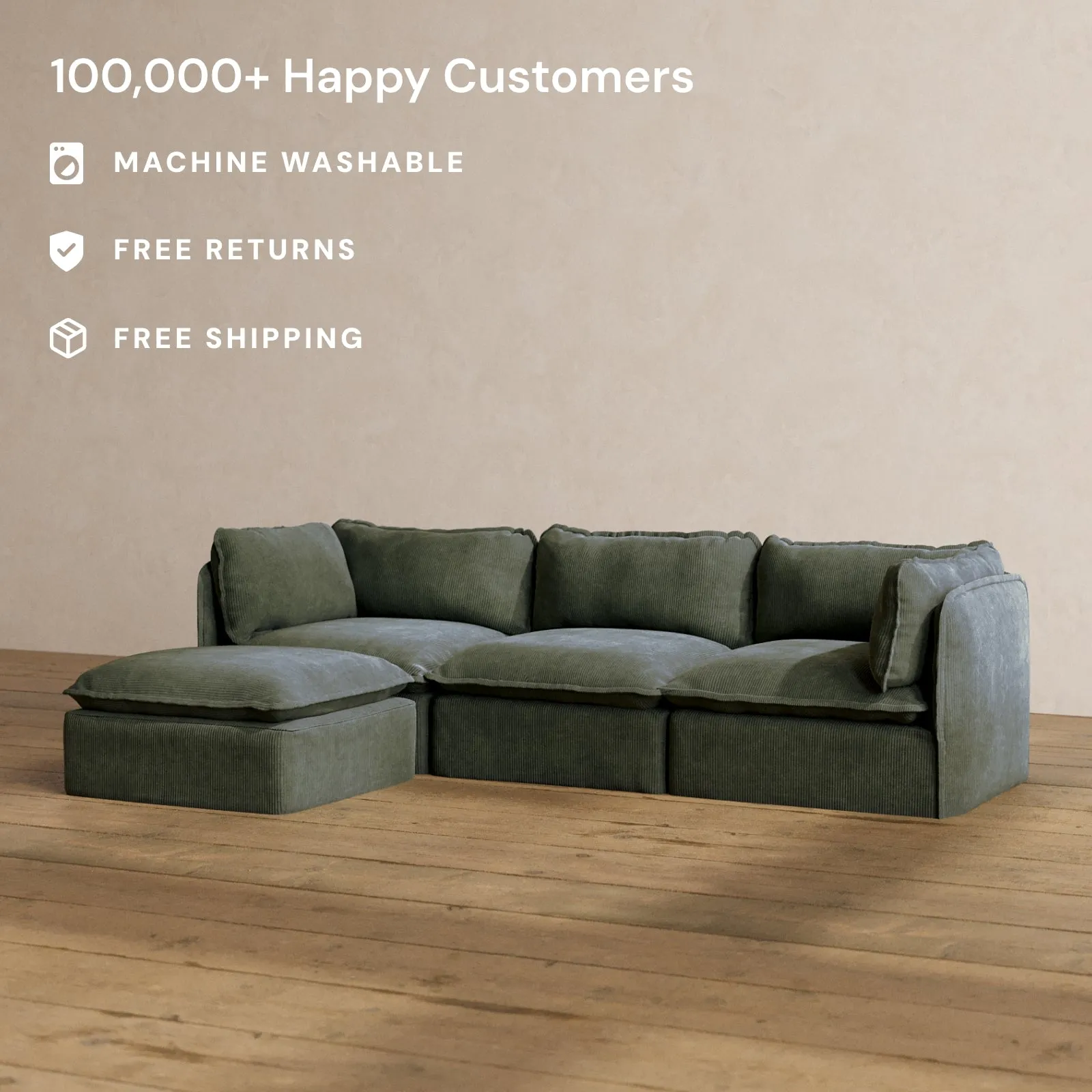 Modular Washable 3-Seater Sectional in Olivine | Memorix  Seat | Contour Pillow