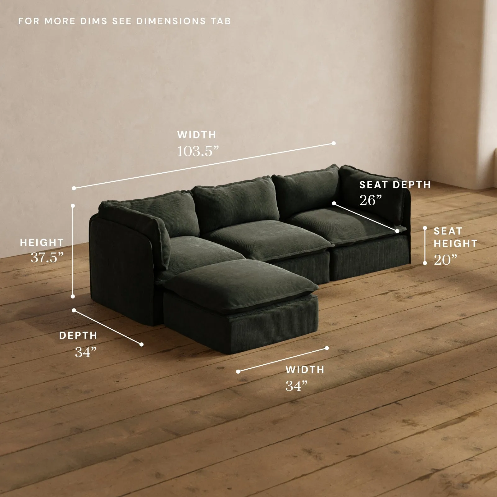 Modular Washable 3-Seater Sectional in Olivine | Memorix  Seat | Contour Pillow