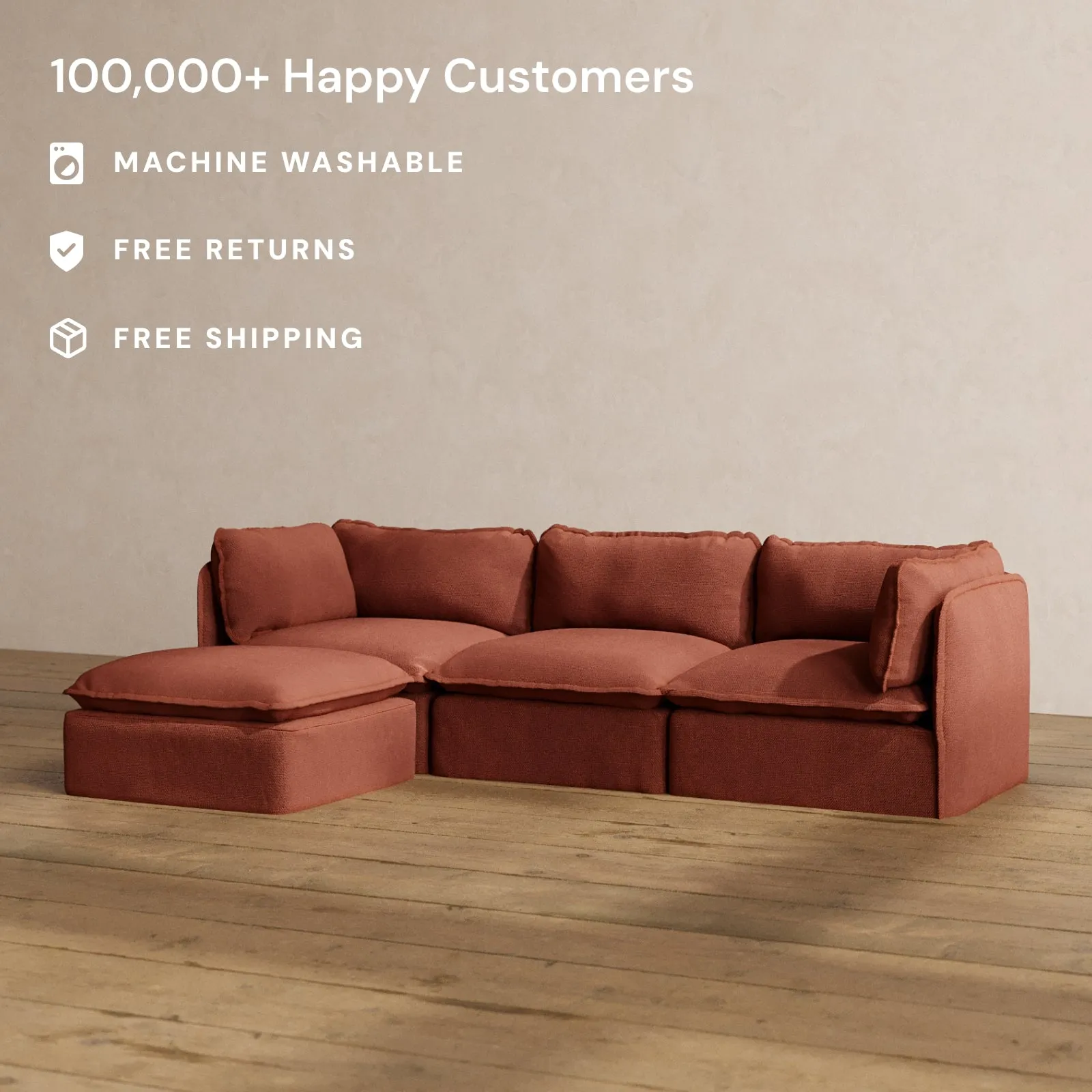 Modular Washable 3-Seater Sectional in Rust | Memorix  Seat | Contour Pillow