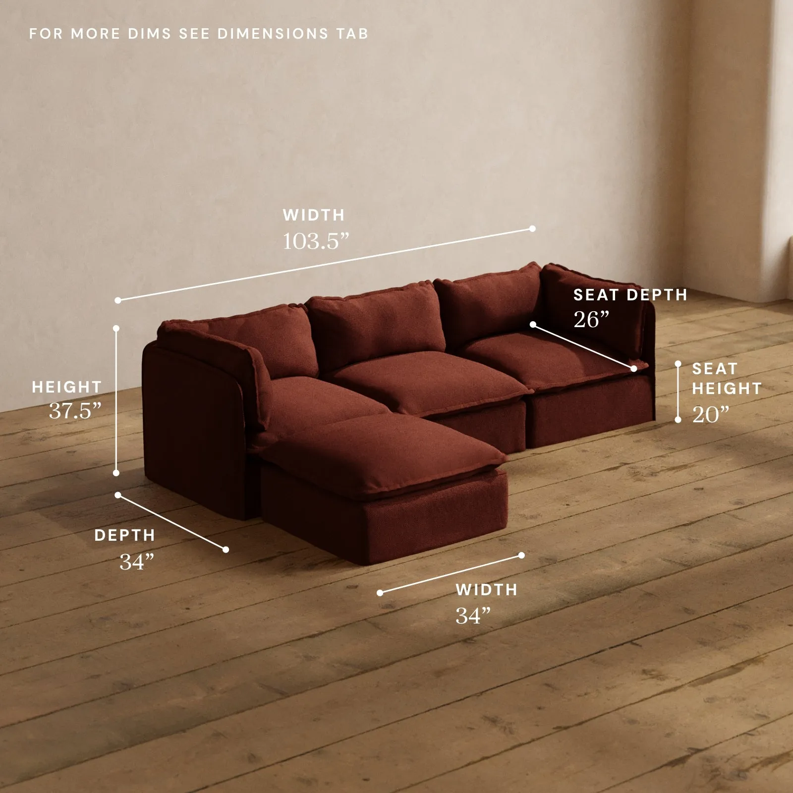 Modular Washable 3-Seater Sectional in Rust | Memorix  Seat | Contour Pillow