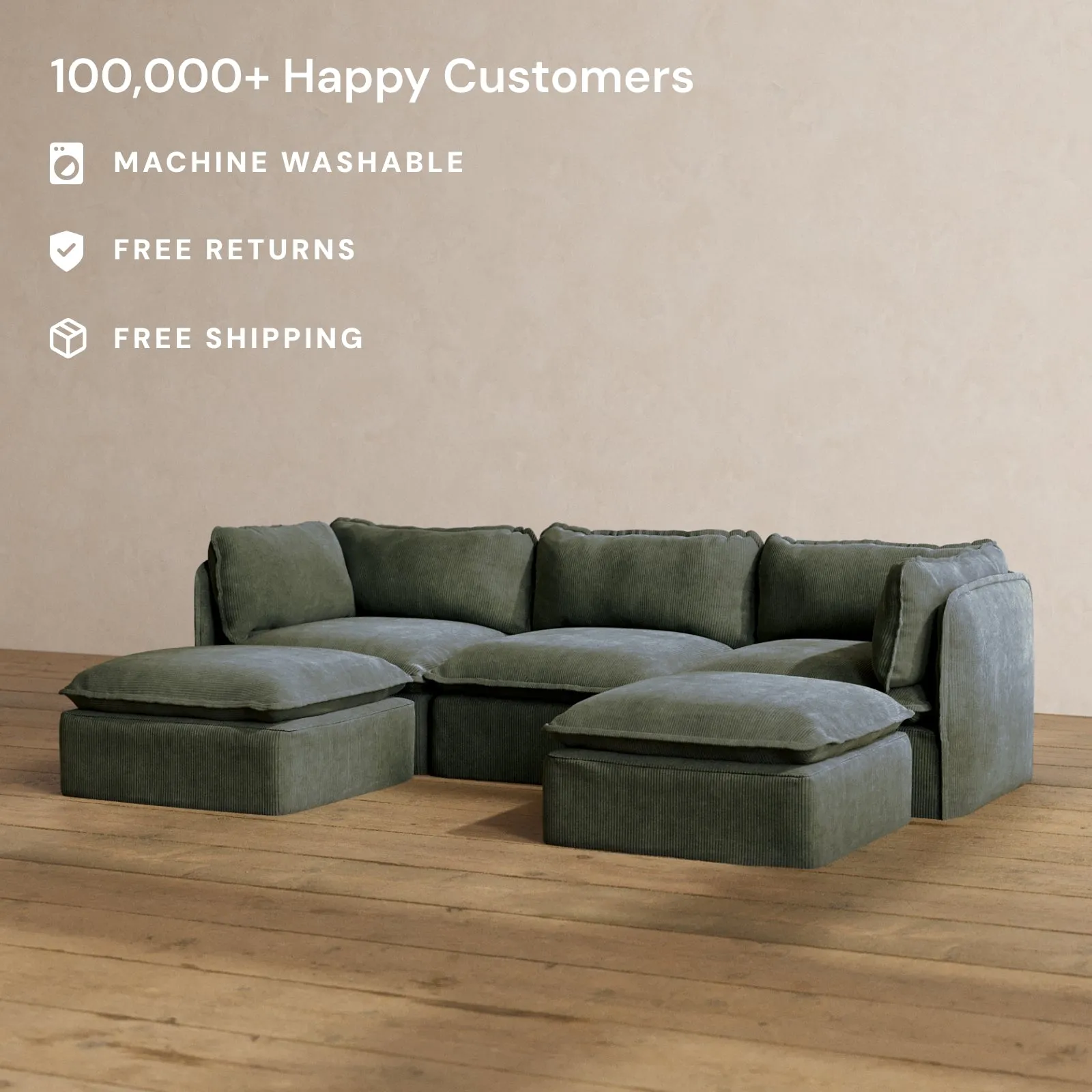 Modular Washable 3-Seater U-Sectional in Olivine | Memorix  Seat | Contour Pillow