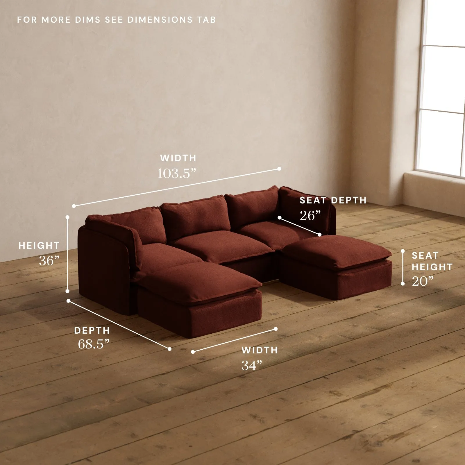 Modular Washable 3-Seater U-Sectional in Rust | Memorix  Seat | Contour Pillow