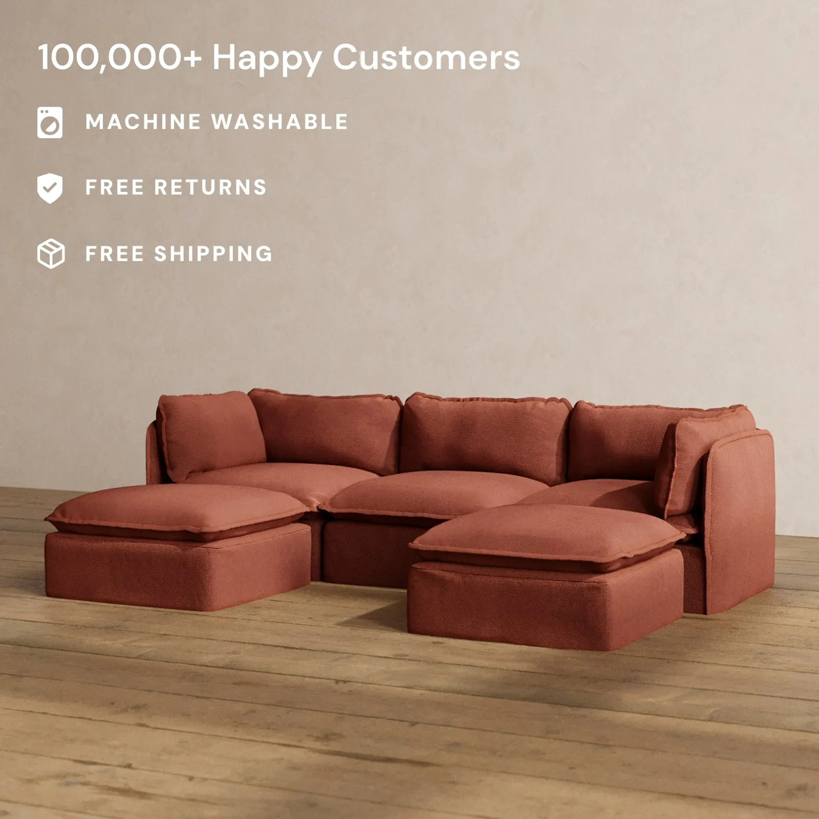 Modular Washable 3-Seater U-Sectional in Rust | Memorix  Seat | Contour Pillow