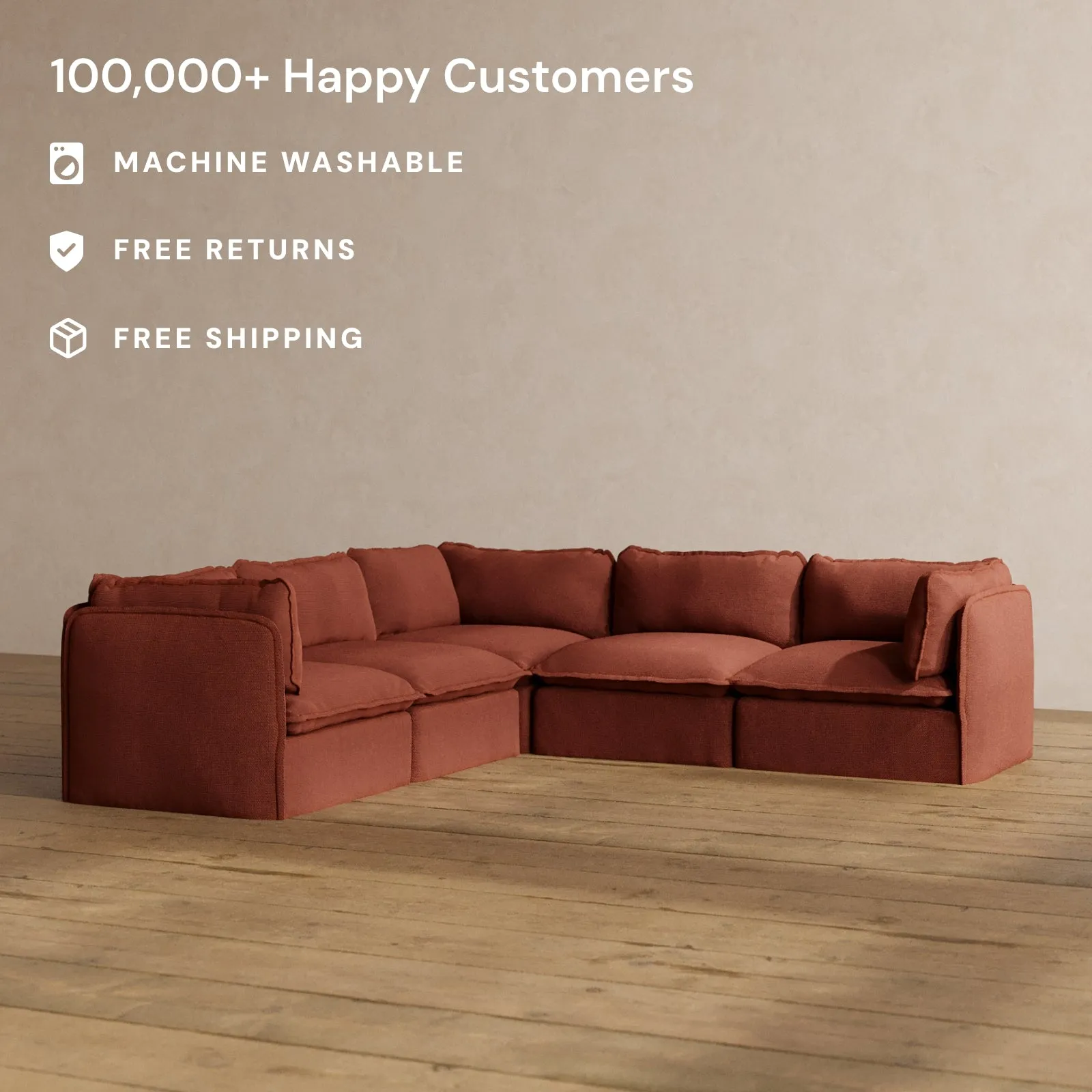 Modular Washable 5-Seater Corner Sectional in Rust | Memorix  Seat | Contour Pillow