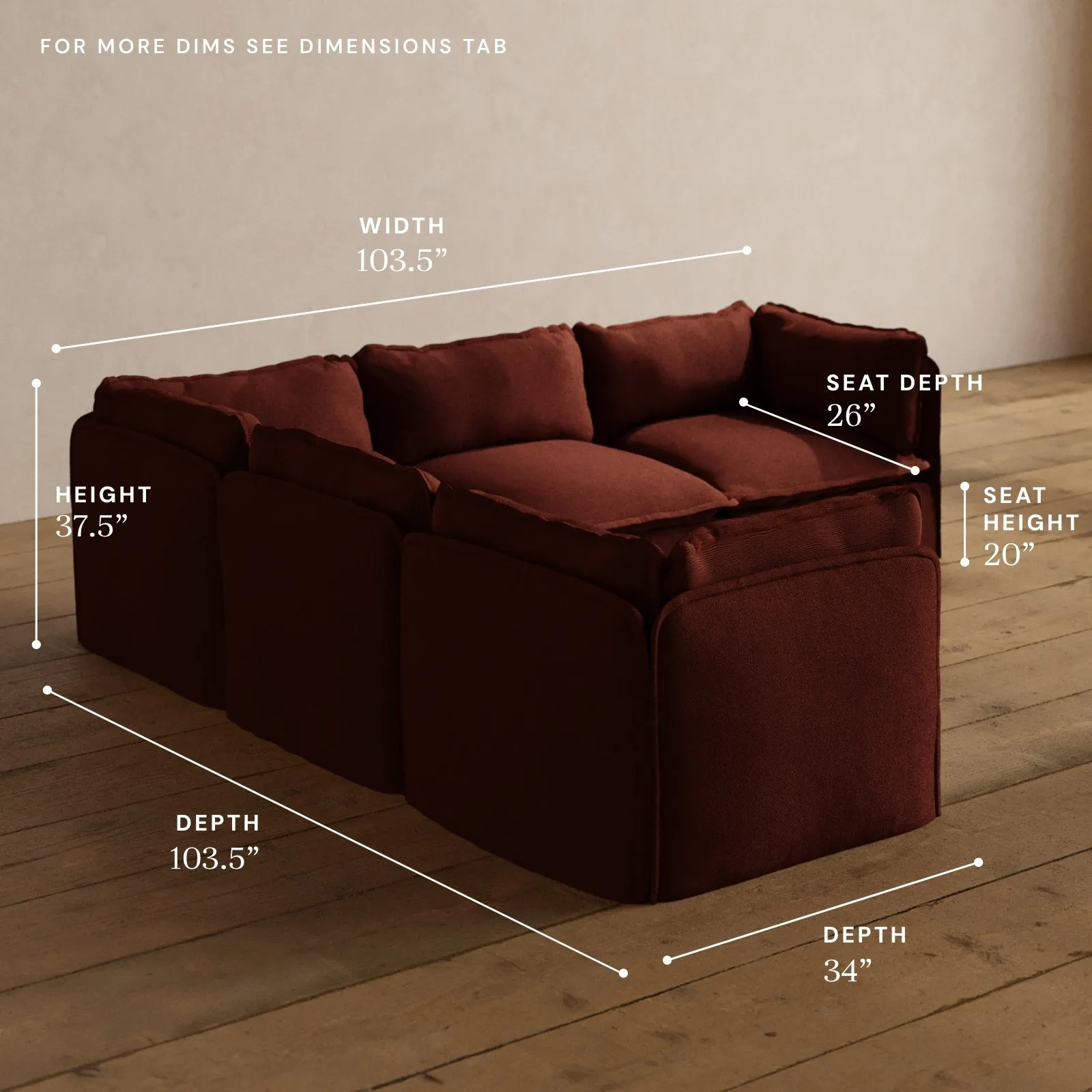 Modular Washable 5-Seater Corner Sectional in Rust | Memorix  Seat | Contour Pillow