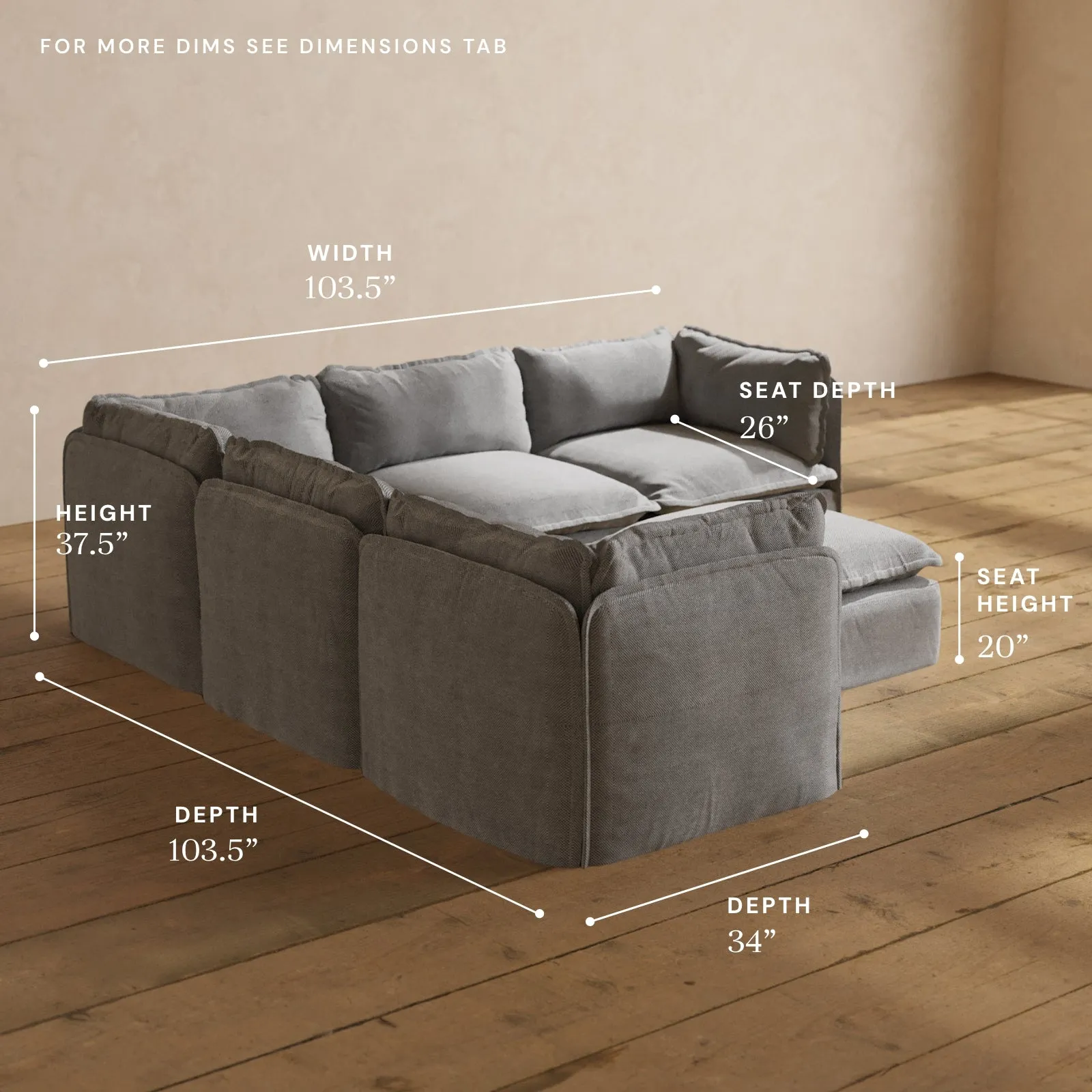 Modular Washable 5-Seater Corner Sectional   Ottoman in Ash | Memorix  Seat | Contour Pillow