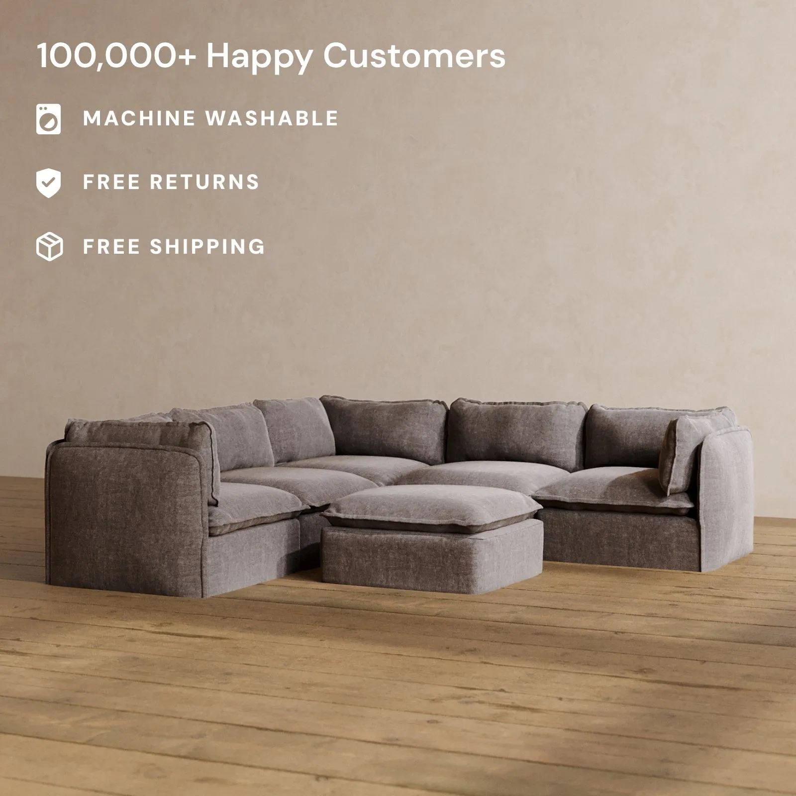 Modular Washable 5-Seater Corner Sectional   Ottoman in Caviar | Memorix  Seat | Contour Pillow
