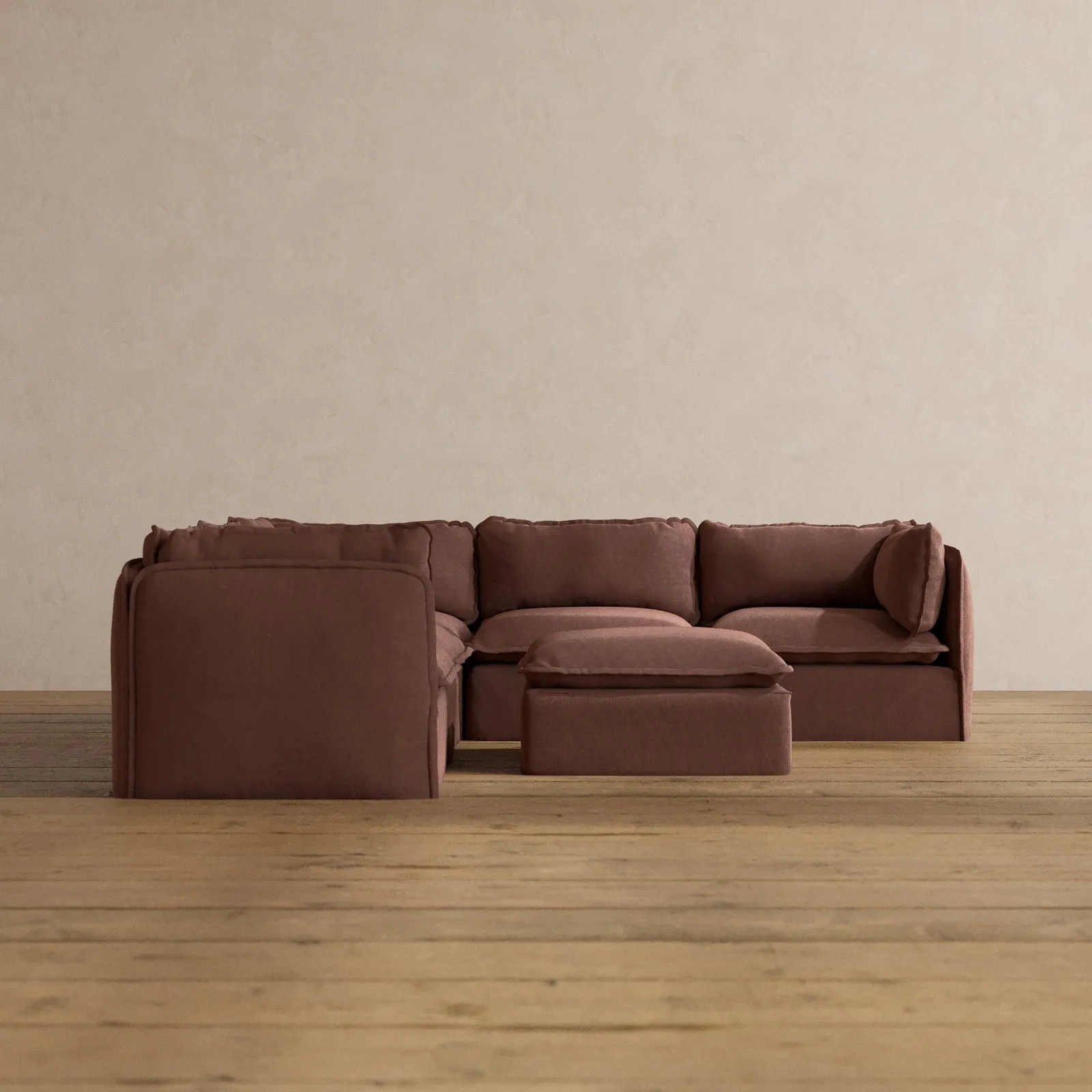 Modular Washable 5-Seater Corner Sectional   Ottoman in Chestnut | Memorix  Seat | Contour Pillow