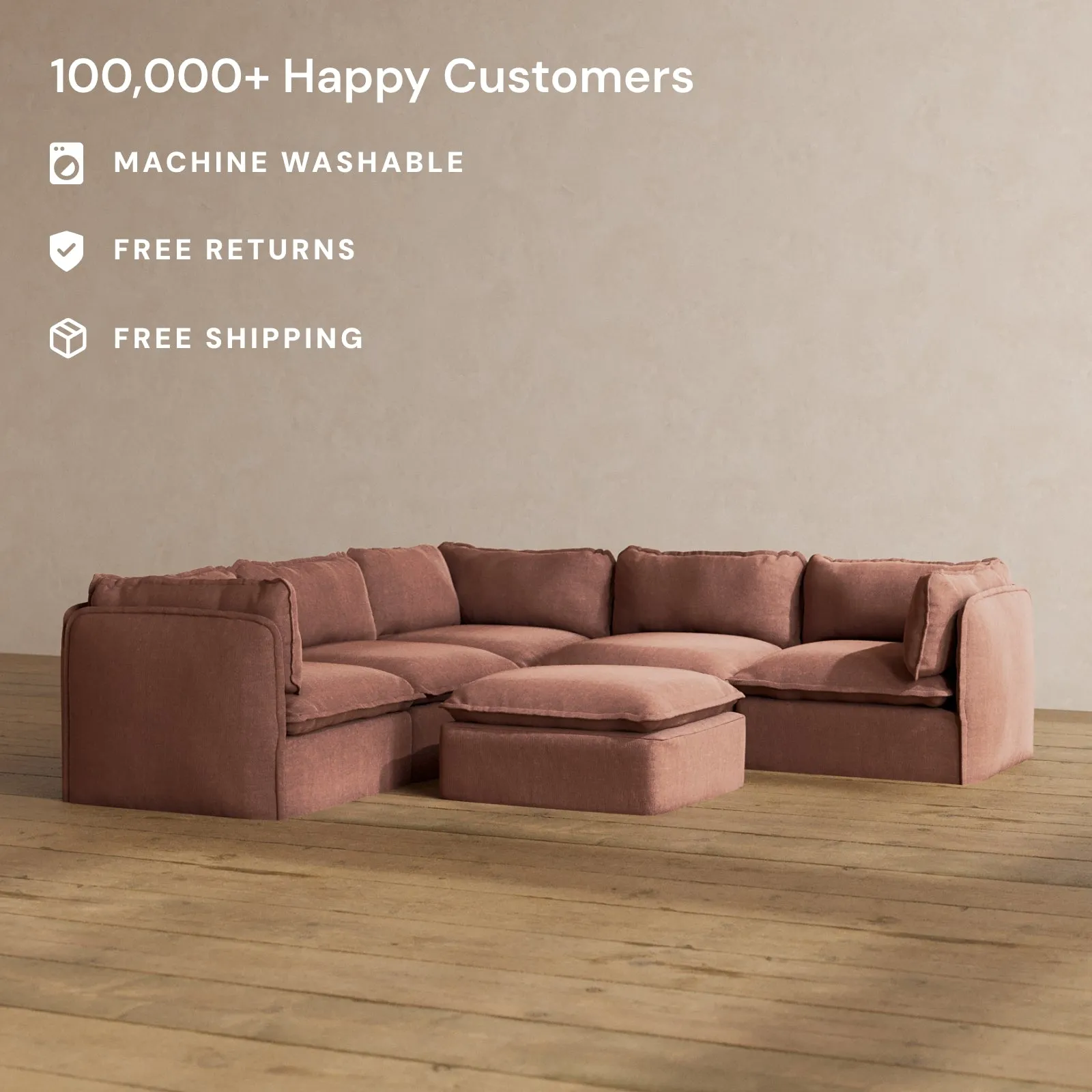 Modular Washable 5-Seater Corner Sectional   Ottoman in Chestnut | Memorix  Seat | Contour Pillow